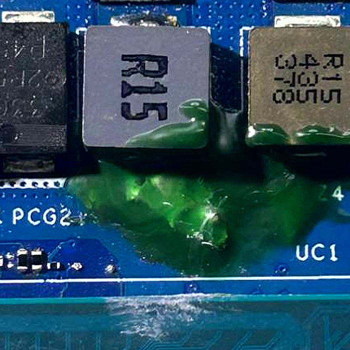 Same Lenovo LOQ motherboard after vSource Pune rebuilt the burnt CPU power section with a new inductor and protective coating